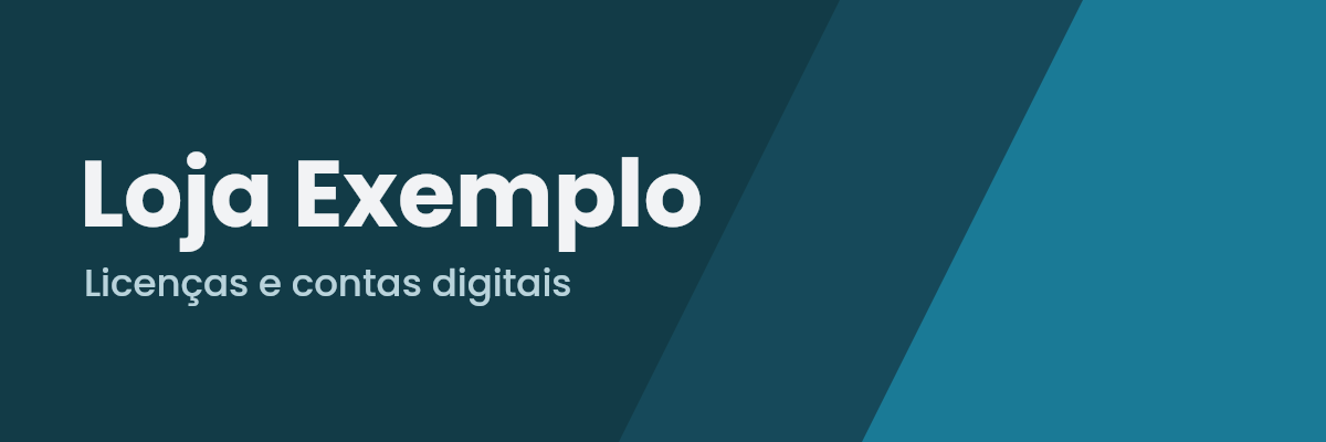 Banner de exemplo gerado pelo bot: Loja Exemplo, Licenças e contas digitais, em azul-petróleo.