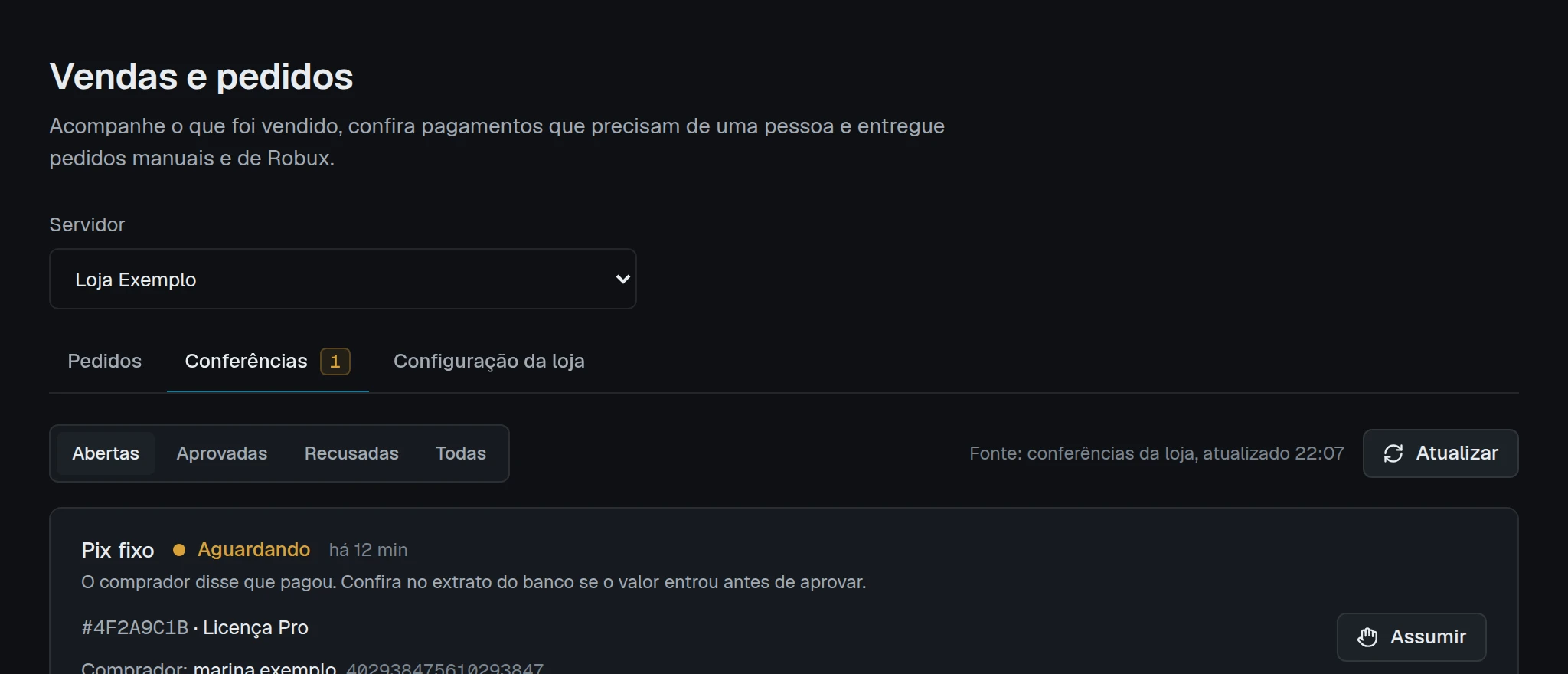 Aba Conferências do site com o mesmo pagamento e os botões Assumir, Aprovar e Recusar.