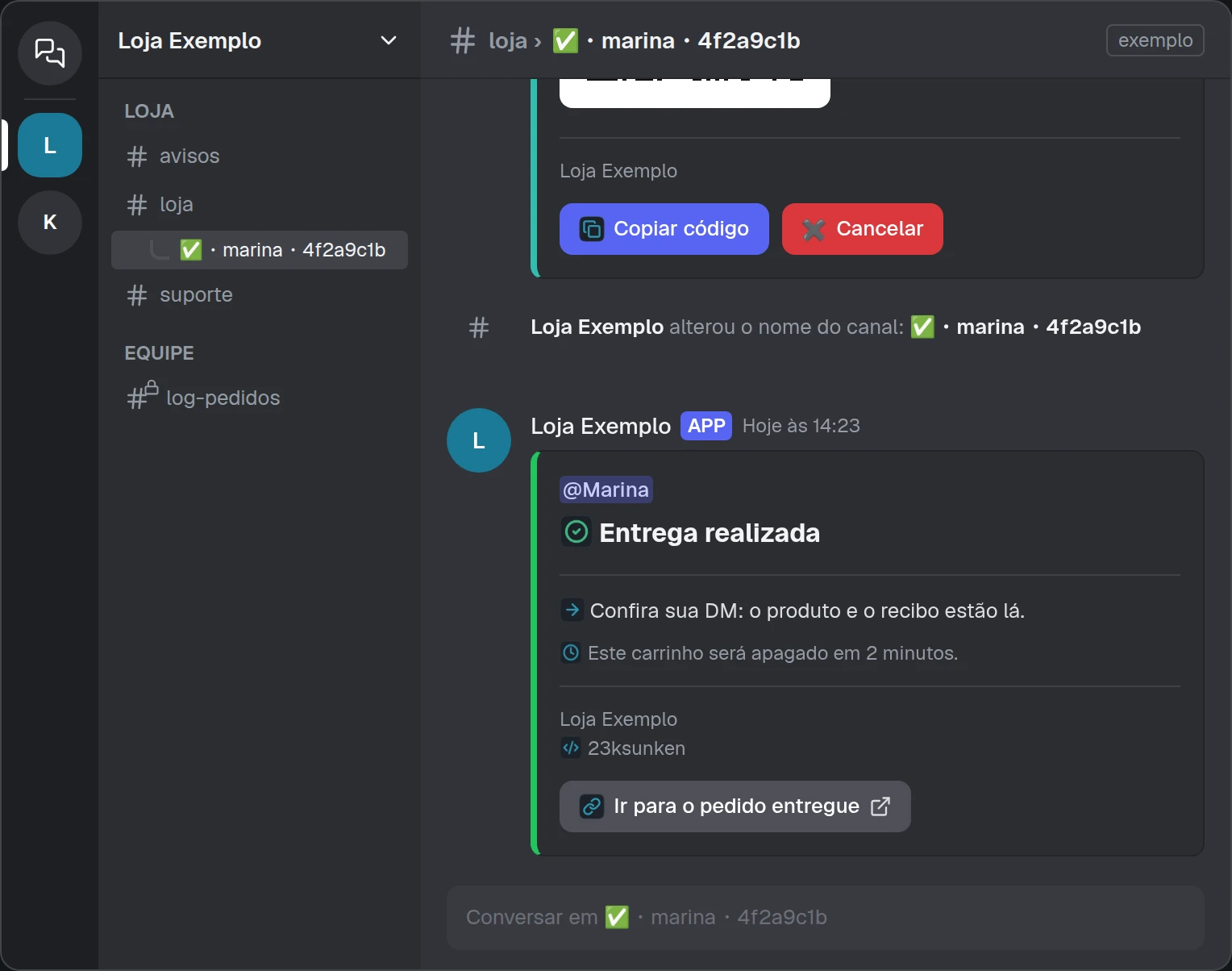 Simulação do Discord: DM com Entrega realizada, a chave em bloco de código e o recibo em imagem.
