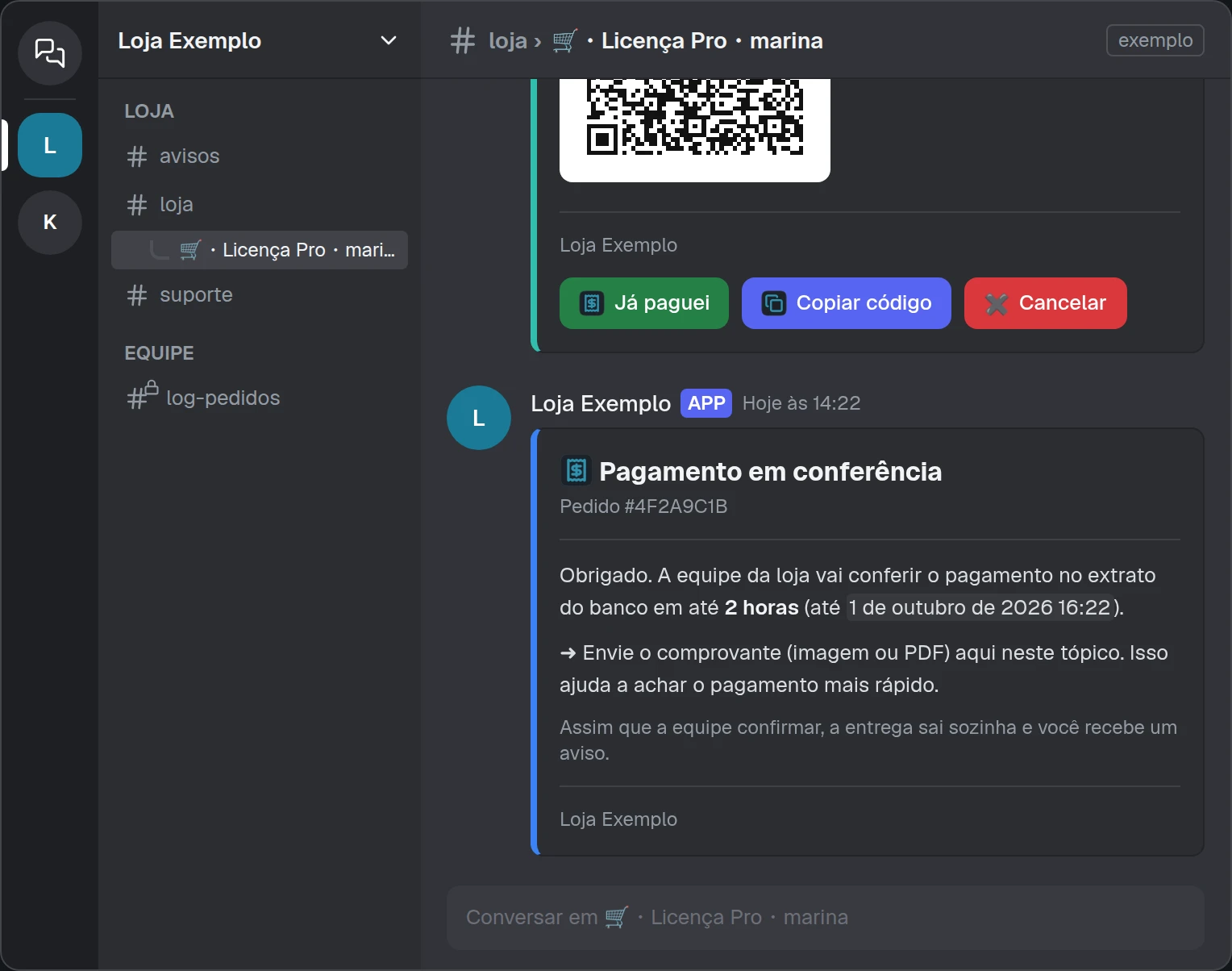 Simulação do Discord: Pix na chave da loja com o botão Já paguei.