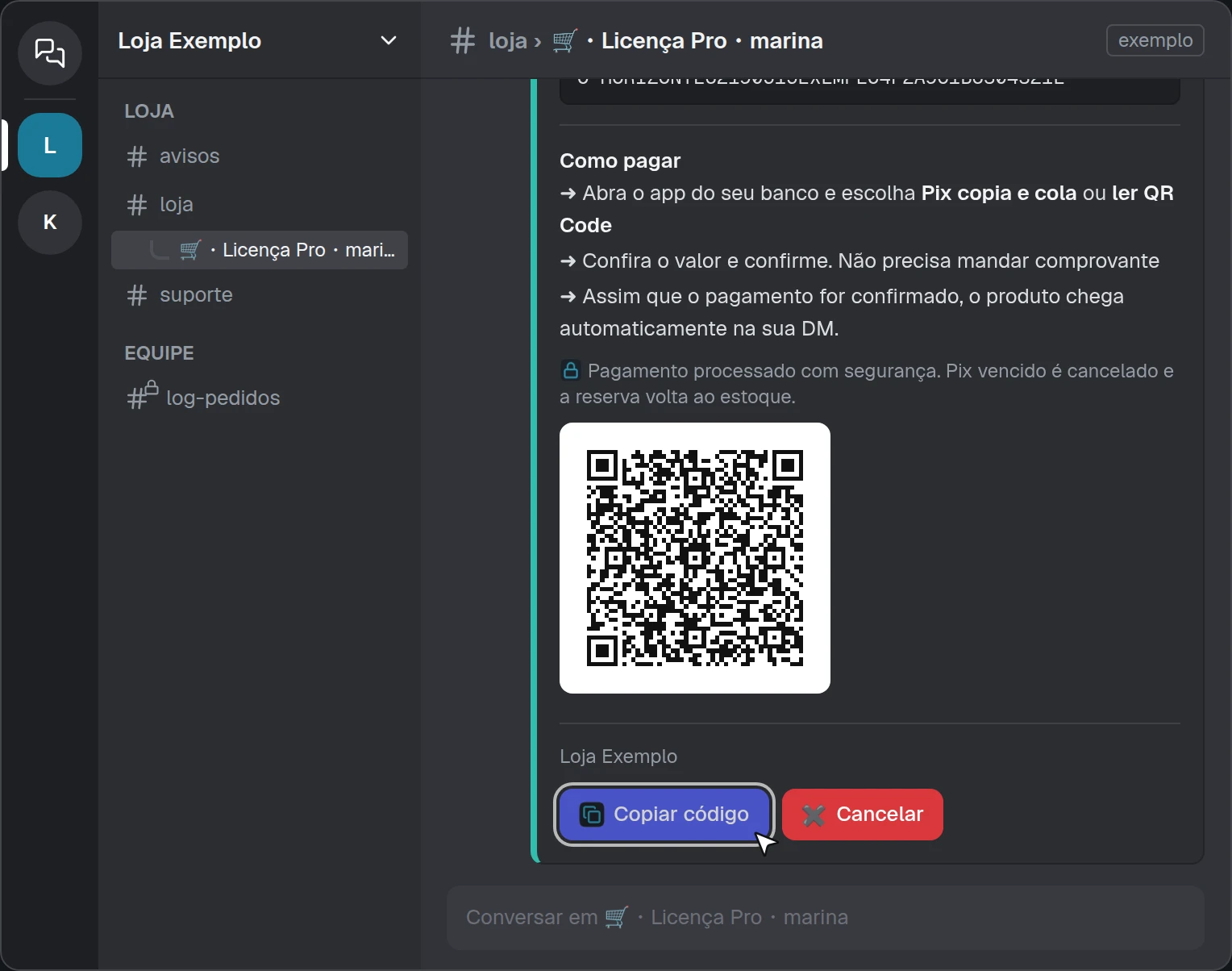 Simulação do Discord: tópico privado do pedido com o Pix, QR Code, código copia e cola, prazo e o botão Copiar código.