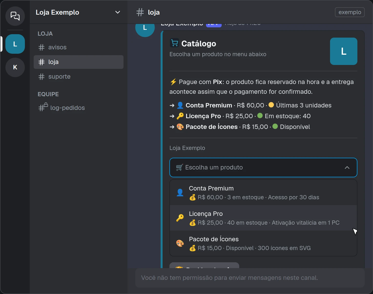 Simulação do Discord: canal loja com o card da Loja Exemplo e o botão Comprar.