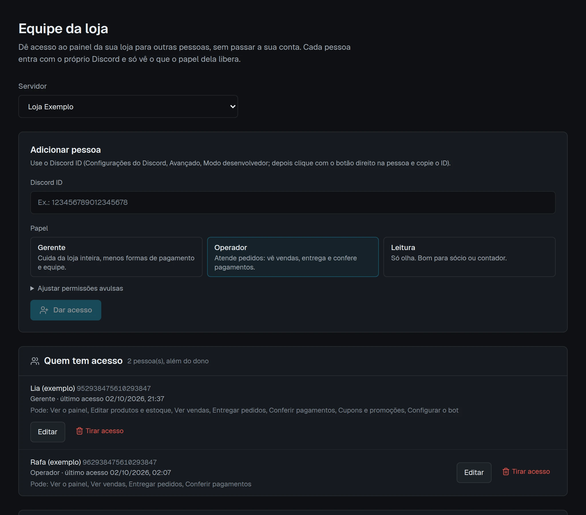 Tela Equipe da loja com o campo Discord ID, os papéis Gerente, Operador e Leitura, o botão Dar acesso e a lista Quem tem acesso.