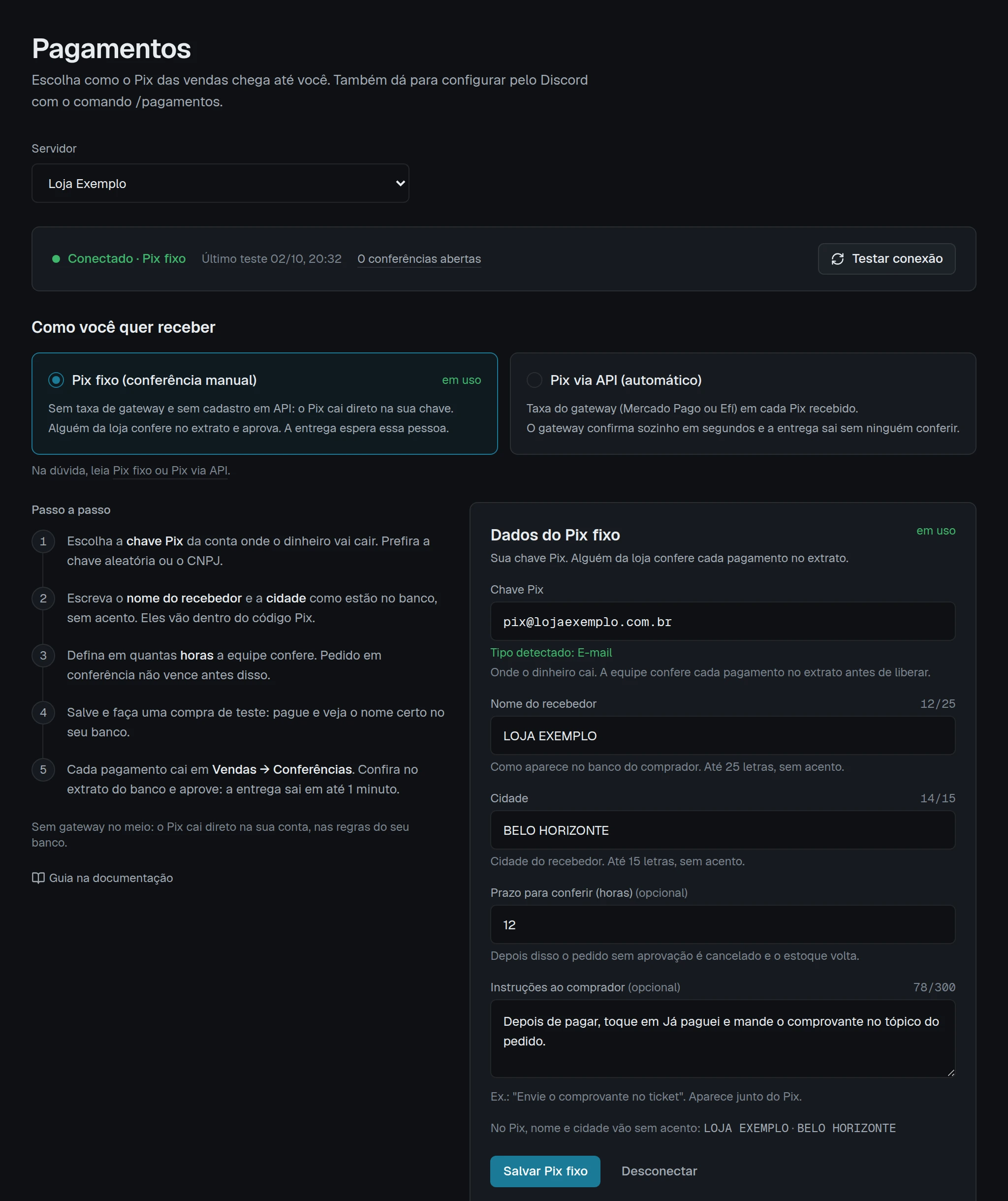 Tela Pagamentos com Pix fixo em uso, os campos Chave Pix, Nome do recebedor e Cidade, o botão Salvar Pix fixo e a prévia do Pix no Discord.
