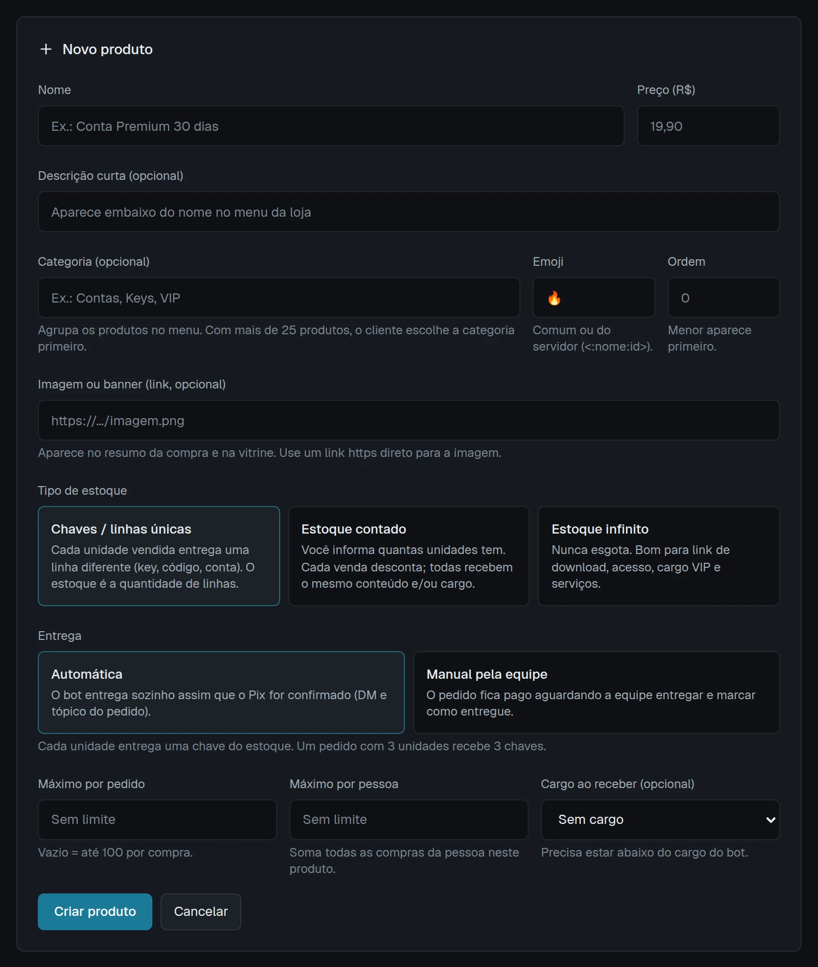 Formulário Novo produto com os campos Nome e Preço, as opções de Tipo de estoque e de Entrega e o botão Criar produto.