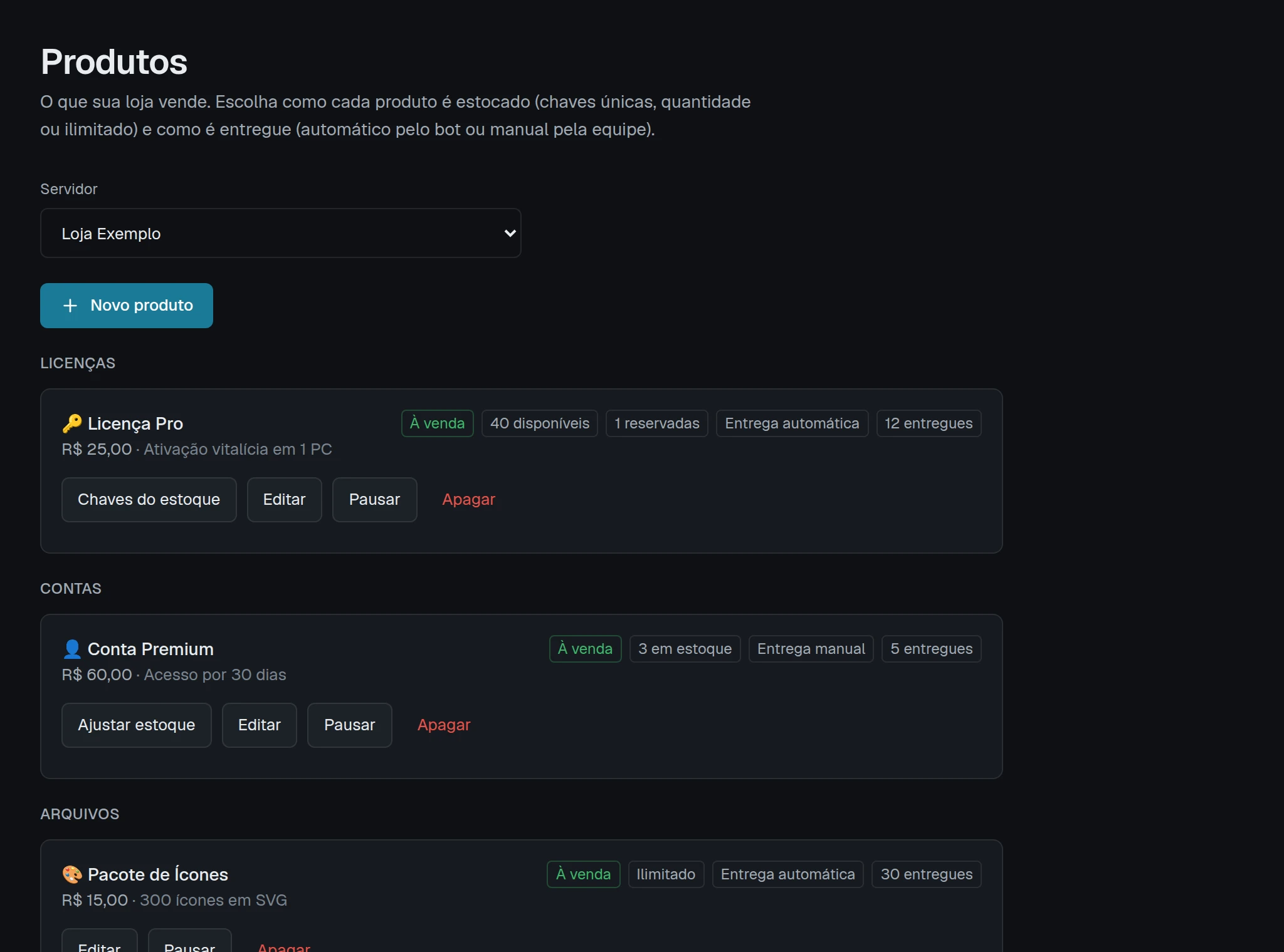 Lista de produtos com Licença Pro (40 chaves disponíveis), Conta Premium (estoque contado, entrega manual) e Pacote de Ícones (ilimitado).