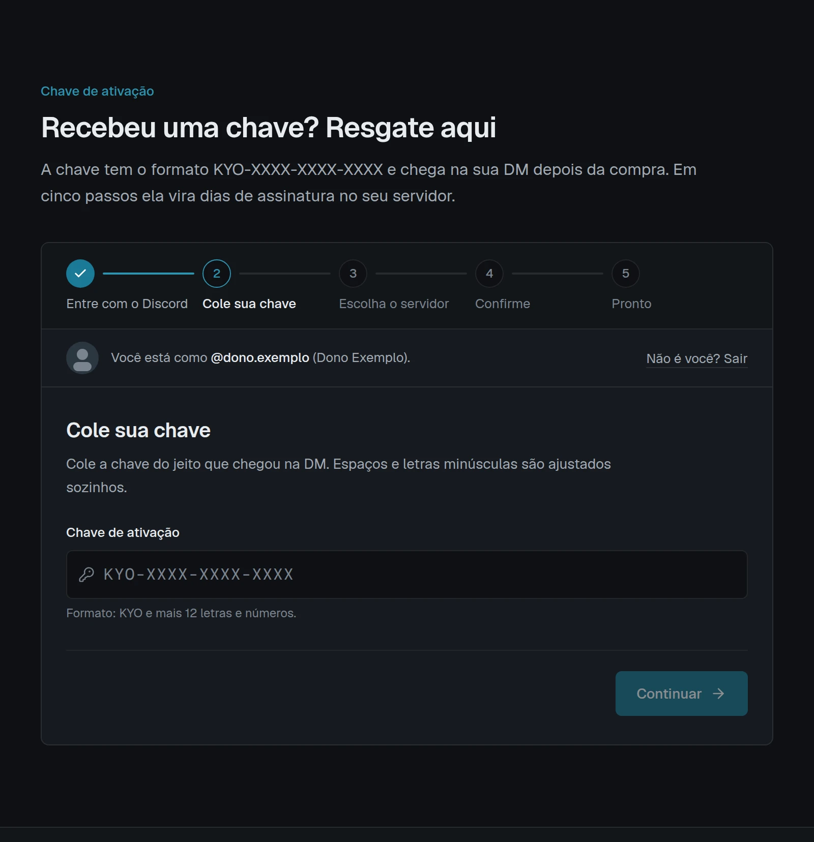 Página Resgatar uma chave do site, com o campo para colar a chave KYO-XXXX-XXXX-XXXX e o botão para continuar.