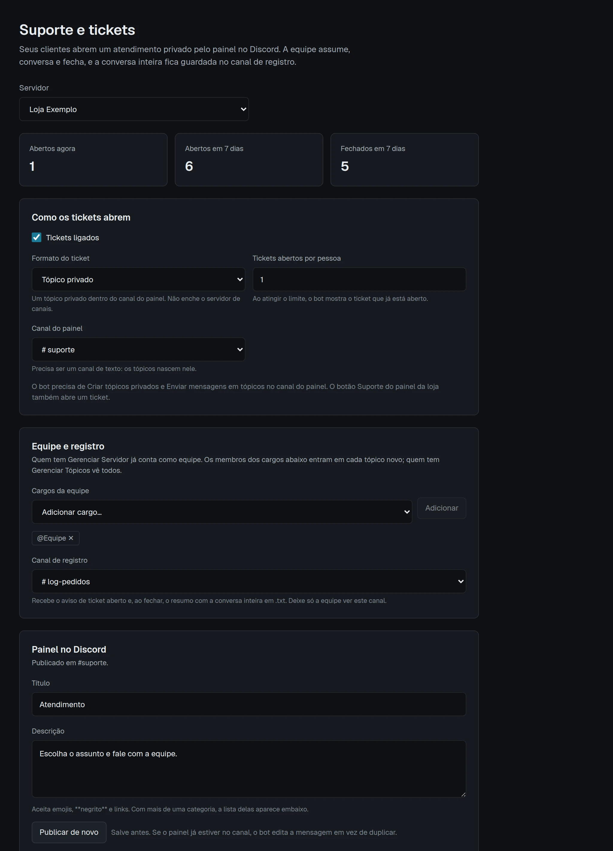 Tela Suporte e tickets com Tickets ligados, formato Tópico privado, canal do painel suporte, cargos da equipe e o botão Publicar de novo.