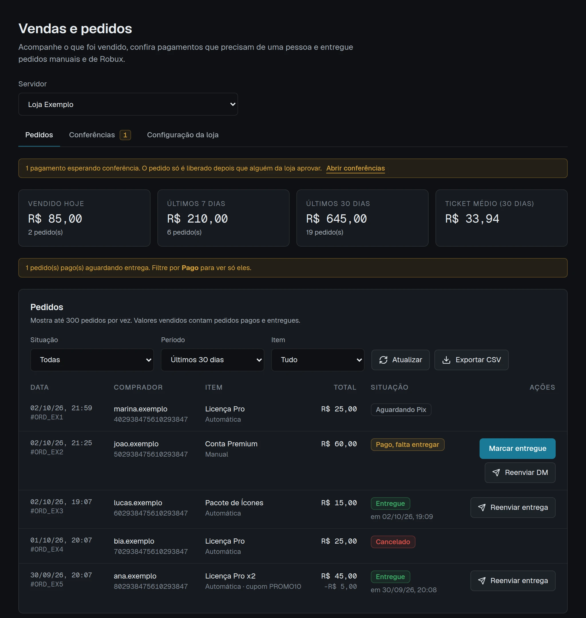 Lista de pedidos com um pedido Pago, falta entregar e o botão Marcar entregue.